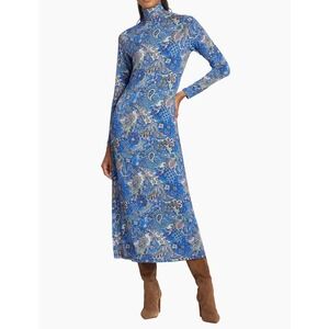 Marie Oliver Paxton Midi Dress S Stretch Knit Paisley Floral Blue Turtleneck Mod